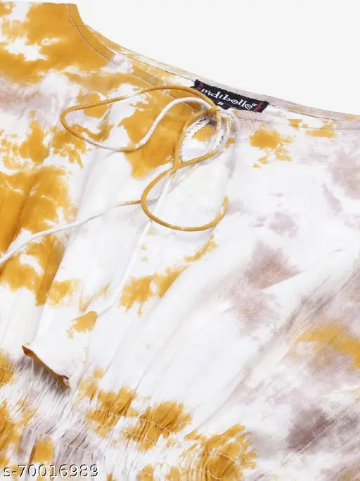 Mustard tie dye print Indibelle cotton kaftan kurtis, three-quarter sleeves, calf length, side slit, Indian-made