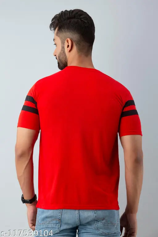 Red striped cotton short sleeve t-shirt, men's round neck style - Indian origin
