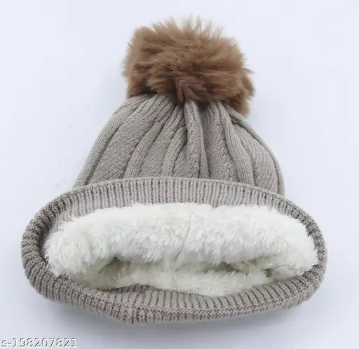 Brown wool, embroidered, onesize ladies beanie cap - cozy winter knitwear for women, India origin