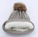 Brown wool, embroidered, onesize ladies beanie cap - cozy winter knitwear for women, India origin