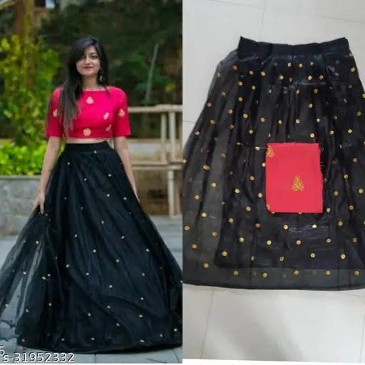 Black silk and net embroidery work lehenga choli set for woman, free size with 42" waist and 44" length. Indian handcrafted embellished traditional attire on display
