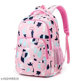 Pink fabric net backpack for school & women, stylish printed design with multiple compartments