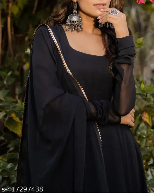 Women's black maxi gown with Georgette dupatta set, solid and full-stitched, in S to XXL sizes