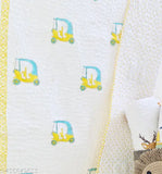 Assorted vibrant children's quilted mulmul cotton bedcover, hand-block print design, ideal for cribs (45x165 cms), filled with organic surgical cotton