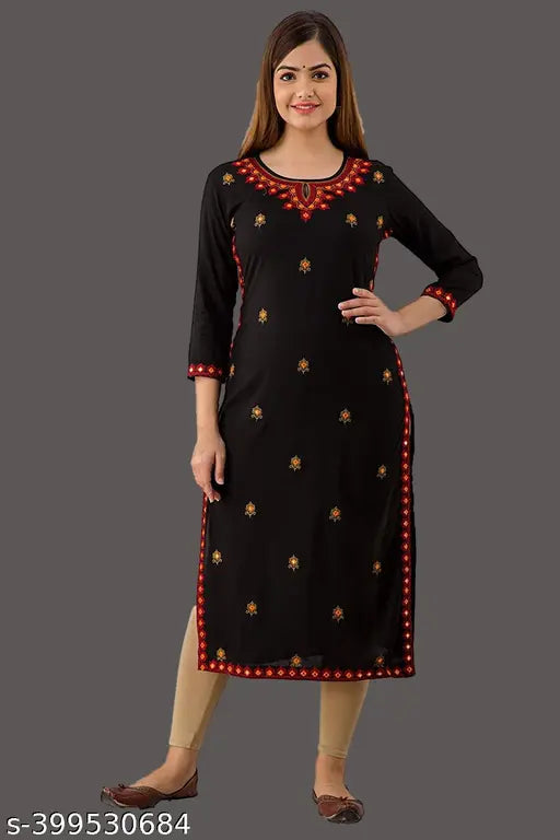 Black rayon solid embroidered kurti, three-quarter sleeves, Indian women's fashion