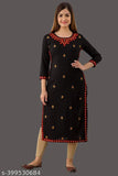 Black rayon solid embroidered kurti, three-quarter sleeves, Indian women's fashion