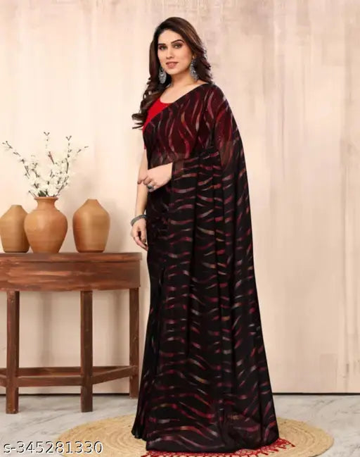 Beautiful soft Georgette printed saree with embroidered net blouse, single free-size Indian fashion