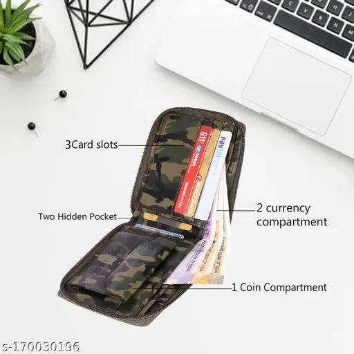 Faux leather men's small army round zip wallet, printed net design, durable cloth lining, features 3 credit card slots, 2 secret slots, coin pocket, and 2 currency compartments. Made in India