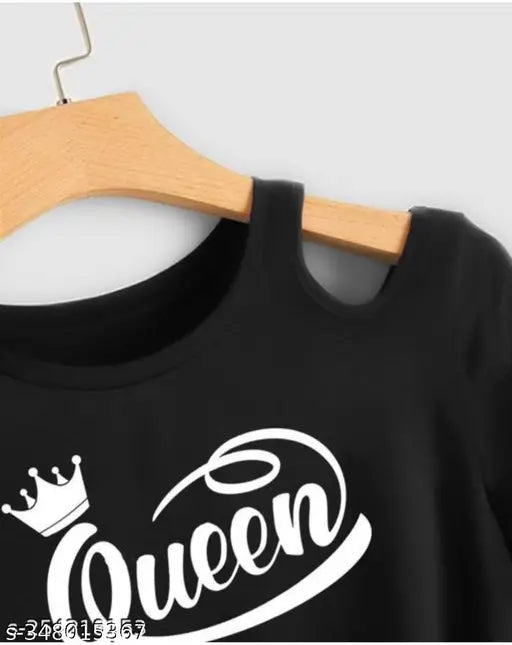 Black Lycra crop top with queen print, short sleeves, trendy and women's size S-XL