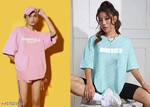 Pinkessentialskyblueobessed women's oversize cotton blend t-shirt with three-quarter sleeves, printed pattern on front