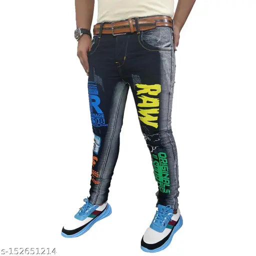 Cotton blend funky jeans with placement print, comfortable pockets for everyday wear. Size 28 (waist 28in, length 41in), made in India