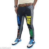 Cotton blend funky jeans with placement print, comfortable pockets for everyday wear. Size 28 (waist 28in, length 41in), made in India