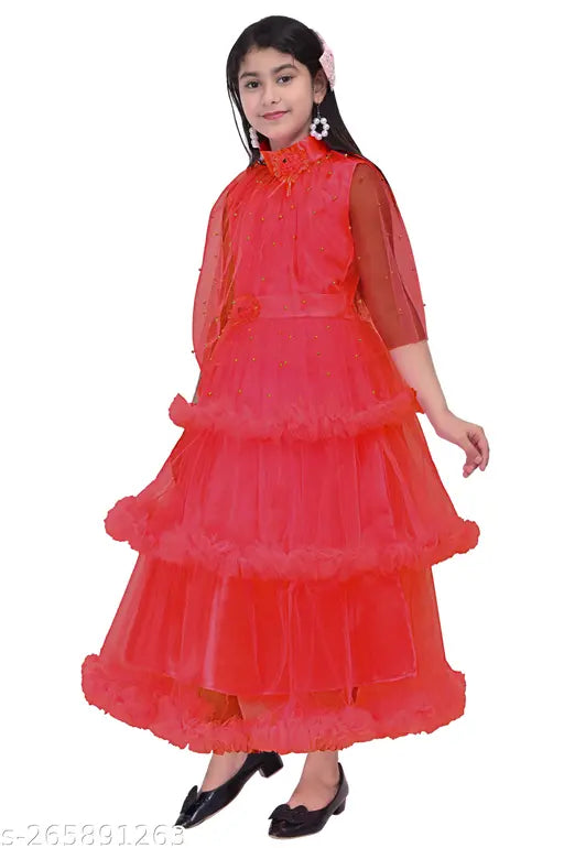Embroidered net gown dress for kids, 100% net, three-quarter sleeves, sizes from 3-4 Years to 13-14 Years
