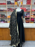 Black Georgette Anarkali Long Sleeve Kurta Set with Dupatta, traditional party wear for girls and women