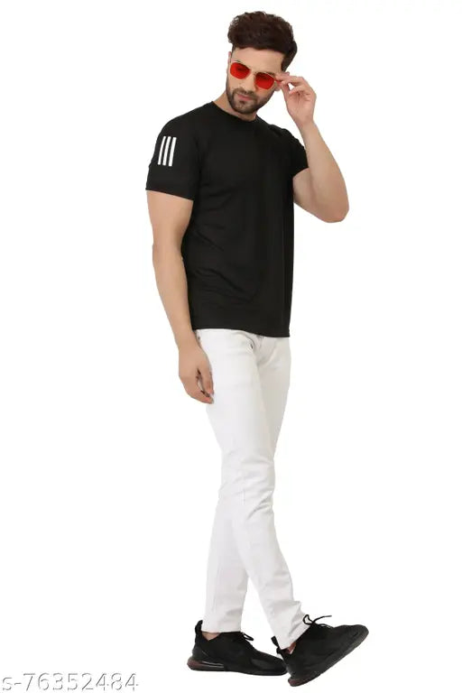 Black nylon Dri Fit men's round neck active t-shirts, solid pattern with short sleeves for gym workouts