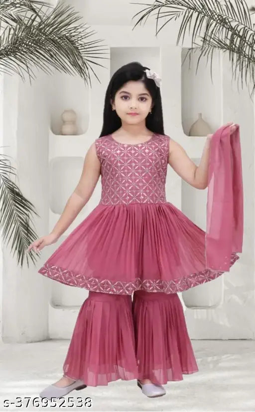 Georgette girl's sarara pear lehenga set with embellished dupatta, sleeveless and embroidered - Indian kids fashion, sizes from 1-8 years
