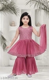 Georgette girl's sarara pear lehenga set with embellished dupatta, sleeveless and embroidered - Indian kids fashion, sizes from 1-8 years