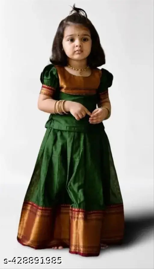 Taffeta silk pattu pavadai for kids, vibrant Indian lehenga with self-design & zari stitch