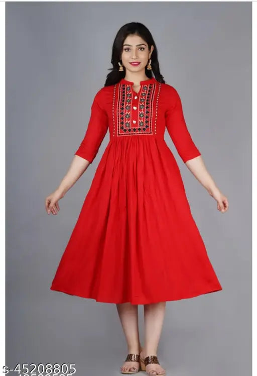Rayon embroidered kurti with three-quarter sleeves, 44" length, Indian traditional wear for women