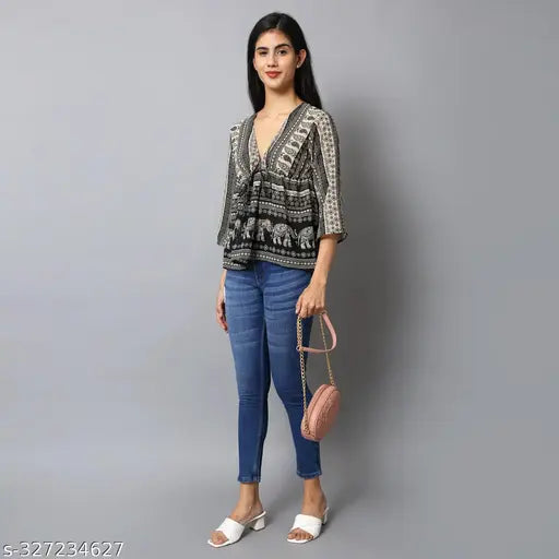 Black elephant paisley print Georgette tie-up waist empire top, three-quarter sleeves for women by The Seamsters Crew