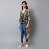 Black elephant paisley print Georgette tie-up waist empire top, three-quarter sleeves for women by The Seamsters Crew