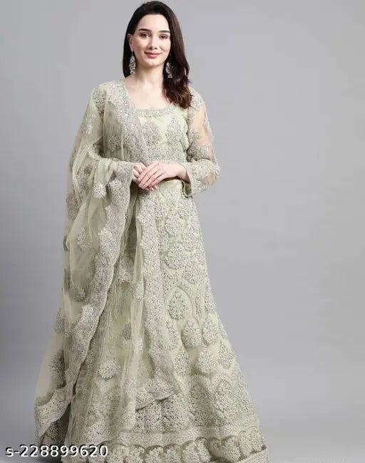 Net embroidered Lahanga for women, semi-stitched lehenga with embellished top and dupatta