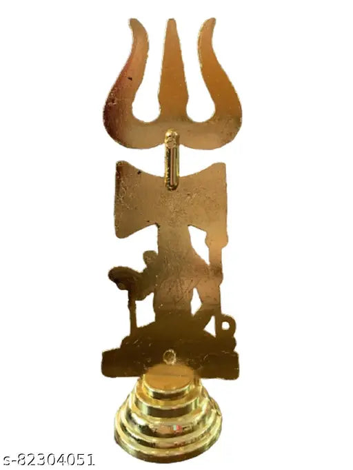 Golden brass Shiva Trishul statuette for Hindu temple decor, 11cm tall