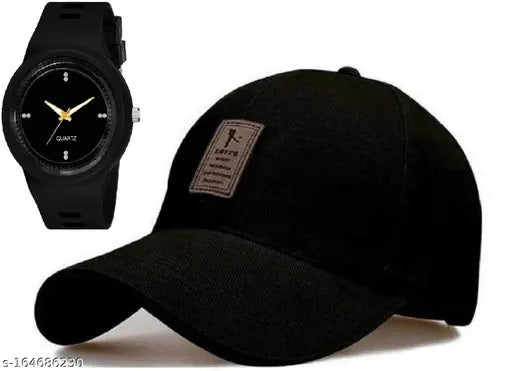 Black cotton baseball cap combo with silicone strap and analog watch for men & boys - Indian brand Ediko