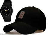 Black cotton baseball cap combo with silicone strap and analog watch for men & boys - Indian brand Ediko