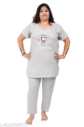 Printed cotton blend night suit set for plus size women, featuring top with short sleeves and lower with 2 pockets