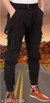 Men's black cotton blend cargo jeans, solid net quantity N-1, size 28/30/32/34 with waist sizes 28in, 30in, 32in, 34in and hip sizes 32in, 34in, 36in, 38in. Made in India