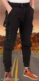 Men's black cotton blend cargo jeans, solid net quantity N-1, size 28/30/32/34 with waist sizes 28in, 30in, 32in, 34in and hip sizes 32in, 34in, 36in, 38in. Made in India