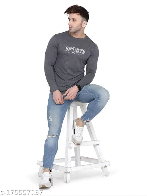 Charcoal cotton blend full sleeve polo shirt for men, perfect for sporty occasions and workouts