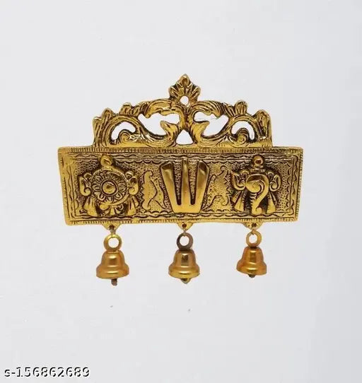 Brass Balaji Shankh Chakra Namah door hanging with 3 bells, religious idol for home office room showpiece, India origin