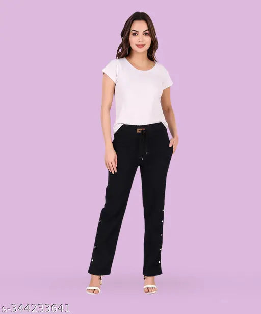 Black stretchable denim flared jogger jeans for women, mid-rise, 32", 36", 42", 44", 46" - Made in India