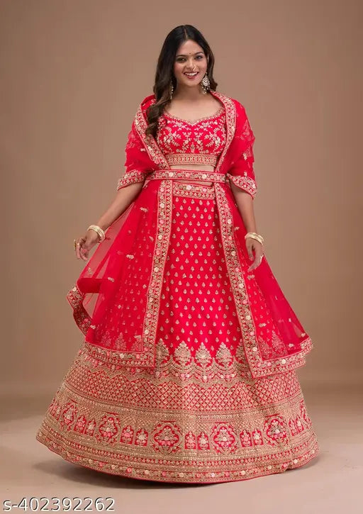 Tometo red satin & sequin embroidered wedding lehenga choli with net dupatta, ideal for parties and weddings