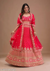 Tometo red satin & sequin embroidered wedding lehenga choli with net dupatta, ideal for parties and weddings