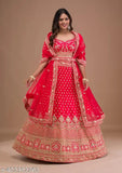 Tometo red satin & sequin embroidered wedding lehenga choli with net dupatta, ideal for parties and weddings