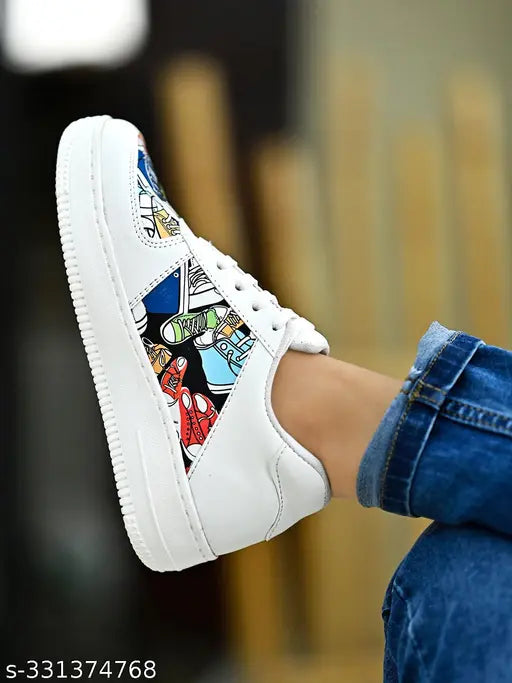White synthetic lace-up printed detail sneakers for girls, casual and stylish footwear on display