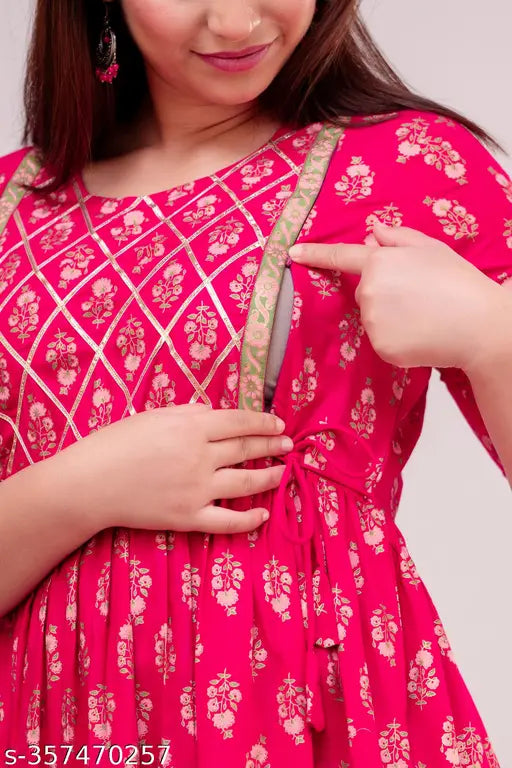 Pink cotton blend Anarkali maternity kurti with tassels, three-quarter sleeves, and printed combo – perfect for casual outings in India