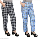 Black and blue check trouser combo on hanger, high-quality cotton fabric for feminine women's fashion pants, custom-made Indian summer apparel, size 26/28/30 with length 36 in