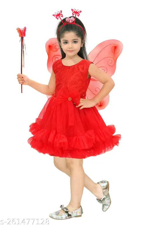 Red embellished net Pari dress with butterfly wings hair band, knee-length a-line style for girls (2-3 years, 11 in bust size)