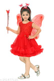 Red embellished net Pari dress with butterfly wings hair band, knee-length a-line style for girls (2-3 years, 11 in bust size)