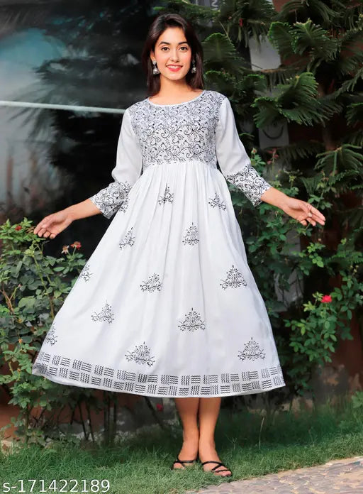 Rayon women's anarkali kurti with hand-block print detail and embroidery, three-quarter sleeves. Indian-made, size S (36in bust, 50in length) to XXXL (46in bust, 50in length)