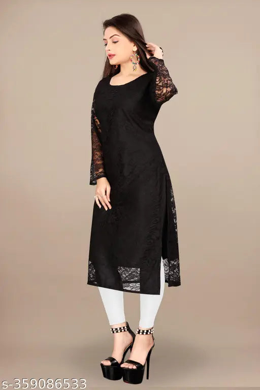 Net embroidered festive/casual kurta, intricate floral design on three-quarter sleeve net fabric. Women's ethnic wear, Indian traditional designer kurta." (123 characters)