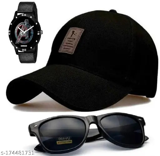 Stylish black analog watch with Ediko brand and matching black sunglasses, logo pattern baseball cap set - Indian origin