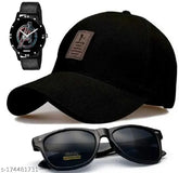 Stylish black Ediko brand analog watch and black sunglass set with cotton baseball cap featuring brand logo pattern, from India