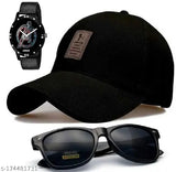 Stylish black analog watch with Ediko brand and matching black sunglasses, logo pattern baseball cap set - Indian origin