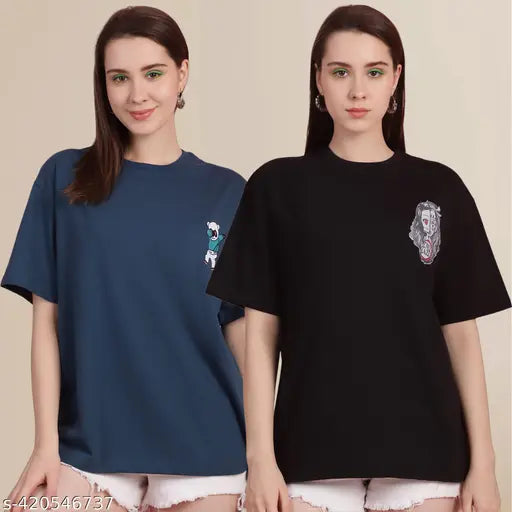 Women's cotton printed regular oversize t-shirt (Po2), 100% cotton, short sleeves, versatile casual wear