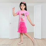 Pink cotton blend doll print frock dress for girls, stylish and comfortable for playtime